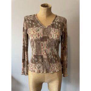Boho Hippie Print Long Sleeve Brown Floral V Neck Women's Size Medium Y2K VTG